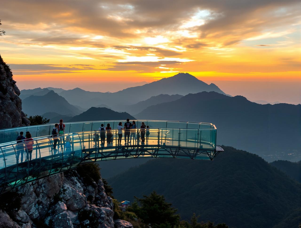 探花吃瓜网 - 景区玻璃栈道观景平台日落时分山景背景