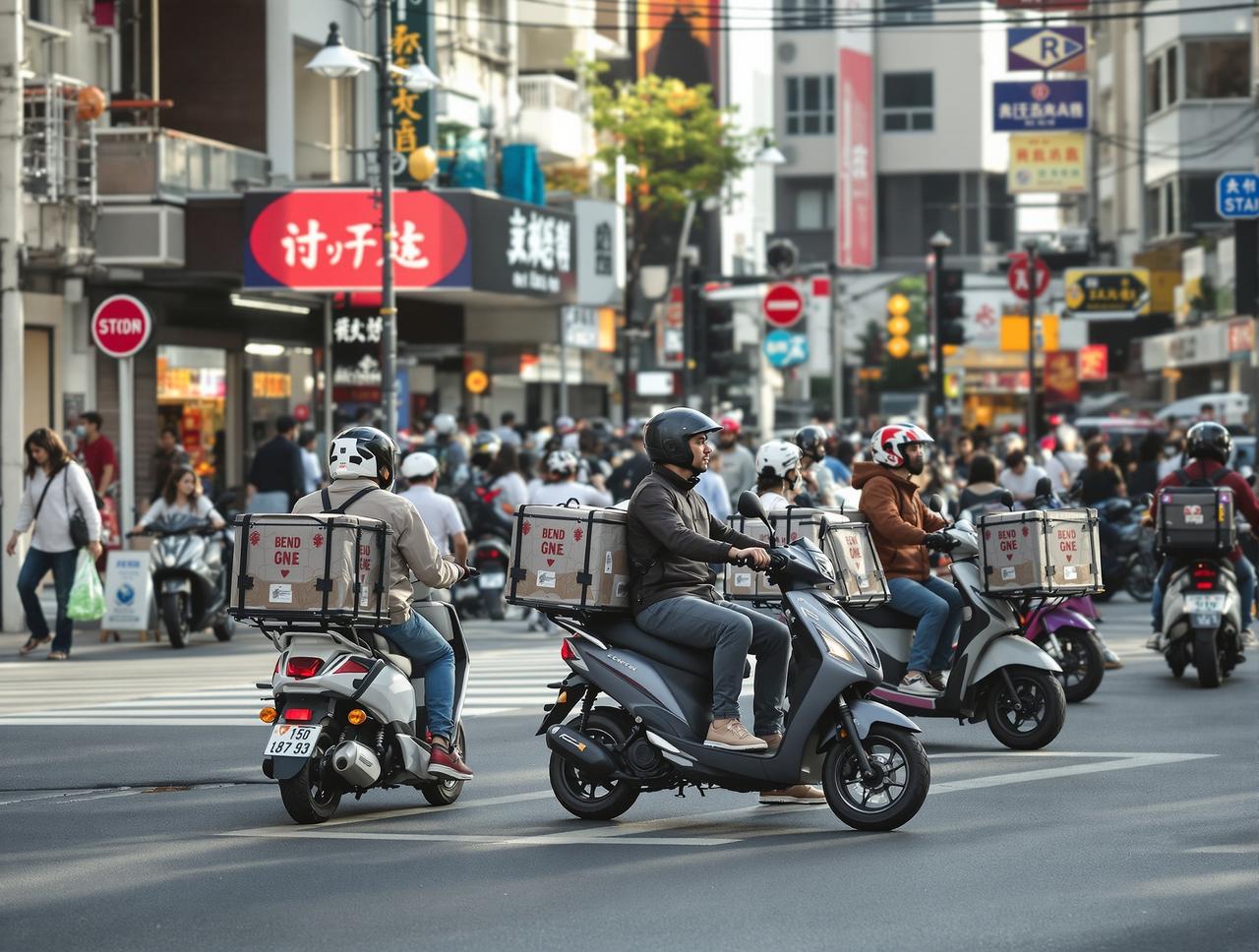 探花吃瓜网 - 城市街头外卖骑手电动车穿梭于商业区