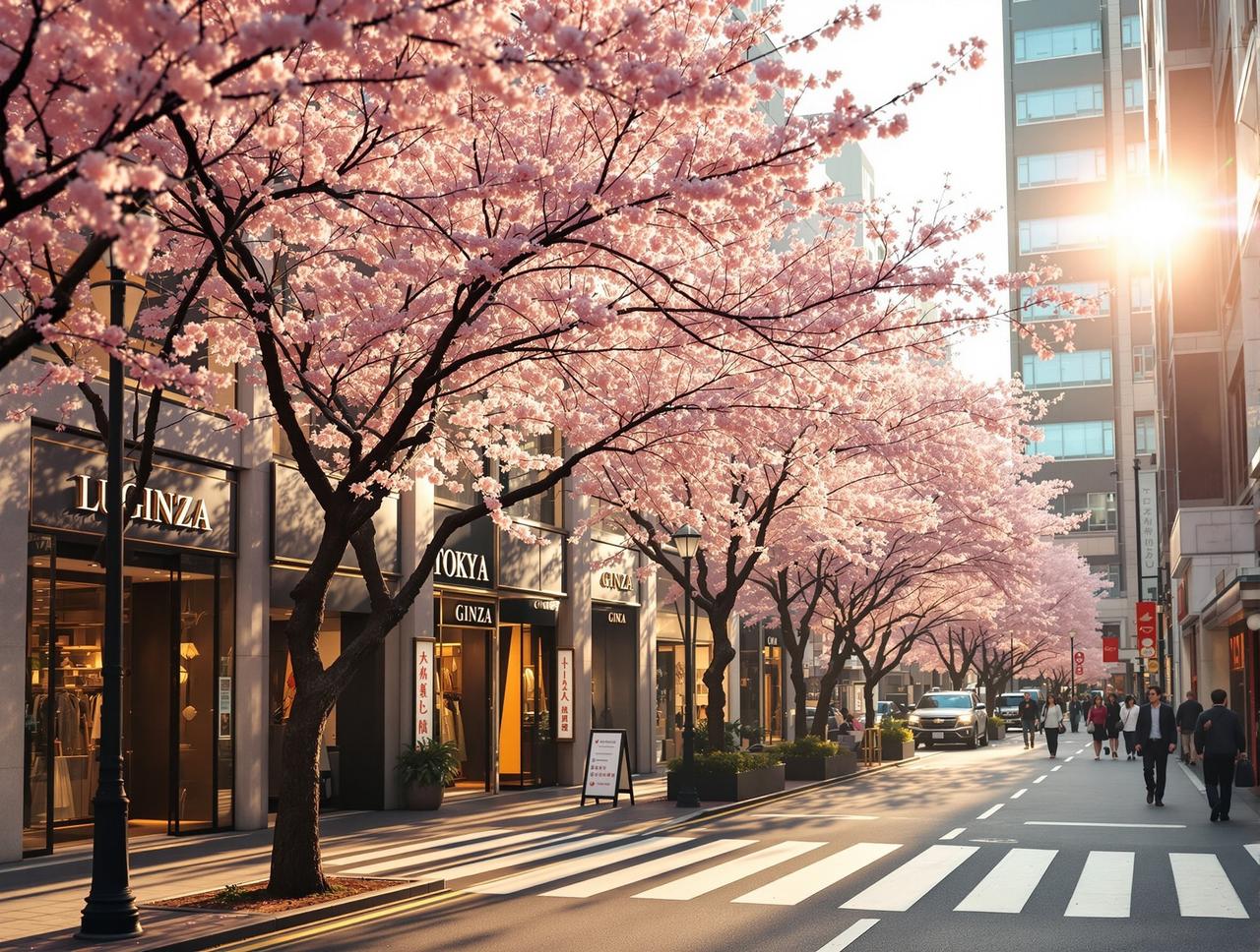 探花吃瓜网 - 东京银座街头春日樱花和奢侈品店，浪漫氛围