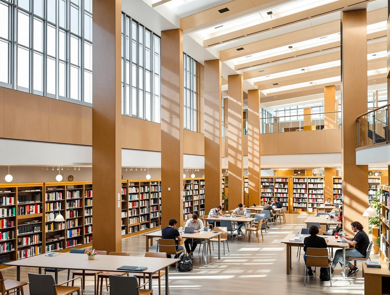 探花吃瓜网 - 大学图书馆内景书架和阅读区，学术氛围浓厚
